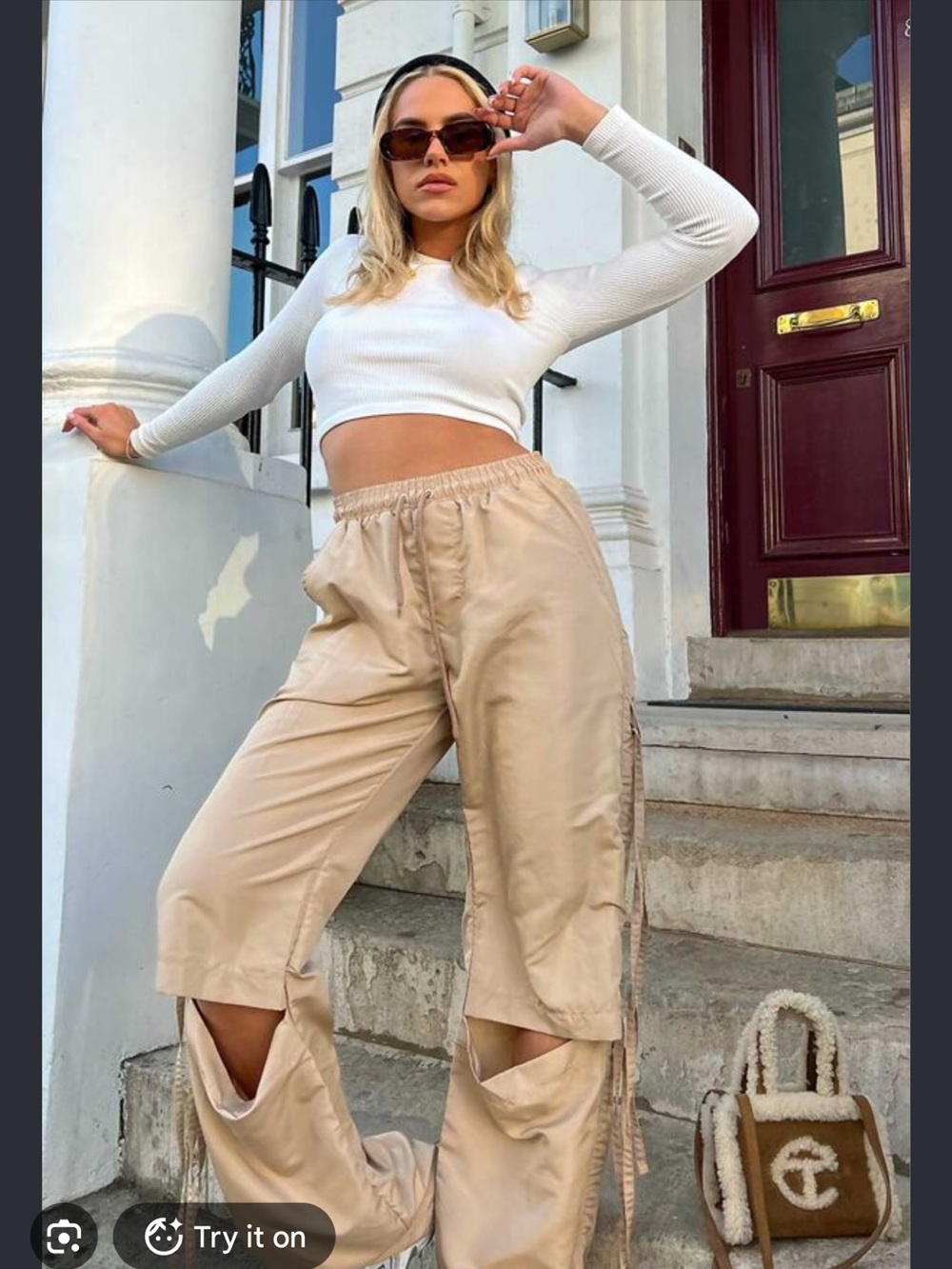 American Bazi Beige Knee-Cut Cargo Joggers